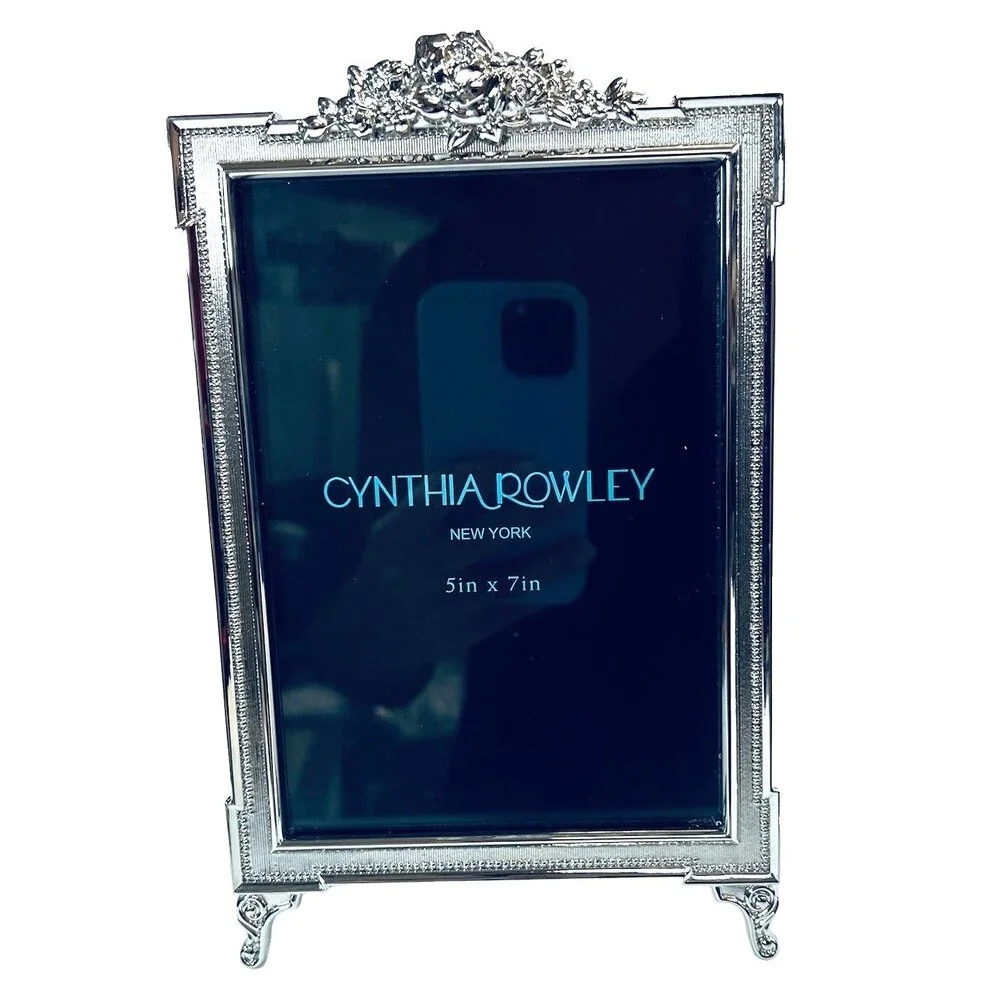 Cynthia Rowley Silvertone Metal Picture Frame 5x7 Photo Floral Vintage Elegance